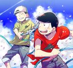  backwards_hat baseball_cap black_hair blue_sky blush brothers clenched_teeth cloud day denim hat hose jeans looking_at_another male_focus matsuno_choromatsu matsuno_osomatsu midriff multiple_boys one_eye_closed osomatsu-kun osomatsu-san pants pants_rolled_up polo_shirt shirt siblings sketch sky t-shirt teeth tied_shirt wakaya_hana water water_drop 