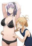  &gt;:) armpits arms_behind_head arms_up belly bikini black_bikini blue_eyes breasts brown_hair dagashi_kashi ear_piercing endou_saya fang fat_folds flower folded_ponytail front-tie_top hair_flower hair_ornament hair_ribbon hairband hairclip large_breasts long_hair misumi_(niku-kyu) multiple_girls navel one-piece_swimsuit open_mouth piercing pinching purple_hair ribbon ringed_eyes sanpaku shidare_hotaru short_hair smile sweatdrop swimsuit v-shaped_eyebrows wavy_mouth 