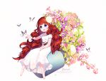  barefoot bug butterfly dress flower hair_flower hair_ornament highres insect long_hair ng_(kimjae737) original purple_eyes red_hair short_sleeves sitting smile solo very_long_hair 