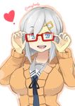  bespectacled blue_eyes breasts glasses hair_ornament hair_over_one_eye hairclip hamakaze_(kantai_collection) heart kantai_collection kion-kun large_breasts looking_at_viewer open_mouth red-framed_eyewear short_hair signature silver_hair simple_background solo white_background 