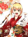  ahoge blonde_hair blush brush calligraphy calligraphy_brush fate/extra fate_(series) floral_print green_eyes happy japanese_clothes kimono looking_at_viewer moninora nero_claudius_(fate) nero_claudius_(fate)_(all) new_year open_mouth paintbrush smile solo translated 