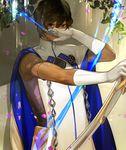  arjuna_(fate/grand_order) armlet arrow black_hair bow_(weapon) brown_eyes brown_hair cape covering_face dark_skin dark_skinned_male elbow_gloves fate/grand_order fate_(series) gloves hair_between_eyes holding holding_weapon leaf looking_at_viewer magic male_focus md5_mismatch petals plant ragu_(ragu00) skin_tight solo standing tunic water_drop weapon wet wet_hair 