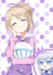  2girls ^_^ aoyama_blue_mountain bad_id bad_pixiv_id blonde_hair bunny chibi chibi_inset closed_eyes cup fur_trim gochuumon_wa_usagi_desu_ka? hair_ornament hand_on_own_cheek head_tilt hetareeji highres holding hood hoodie in_container in_cup kafuu_chino multiple_girls polka_dot polka_dot_background ponytail smile tippy_(gochiusa) triangle_mouth unzipped zipper 