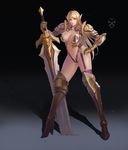  absurdres armor ass_visible_through_thighs bikini_armor blonde_hair blue_eyes elf garter_straps goldengear870 greaves high_heels highres huge_weapon long_hair looking_to_the_side navel pauldrons pointy_ears shadow single_thighhigh solo sword thighhighs two-handed_sword weapon 