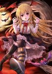  :o bat blonde_hair claw_pose collared_shirt fang frilled_skirt frills full_moon granblue_fantasy head_wings highres long_hair moon night pointy_ears red_eyes shingeki_no_bahamut shirt skirt solo u_rin vampy wing_collar 