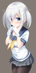  :&lt; alternate_hairstyle bangs black_legwear blue_eyes blush breasts buttons chestnut_mouth cleavage commentary_request gloves grey_background hair_ornament hairclip hamakaze_(kantai_collection) hands_together kantai_collection legs_together looking_at_viewer medium_breasts open_mouth pantyhose ribbon school_uniform serafuku shirt short_hair short_sleeves simple_background skirt solo tomoo_(tomo) twintails twintails_day white_gloves white_hair white_shirt 