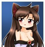  :3 animal_ears breasts brooch brown_hair cleavage collarbone dress imaizumi_kagerou jewelry large_breasts long_sleeves looking_at_viewer off_shoulder open_mouth red_eyes solo suwa_yasai tail touhou wide_sleeves wolf_ears wolf_tail 