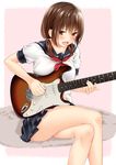  :d blush brown_eyes brown_hair crossed_legs electric_guitar fang guitar highres instrument jaku_denpa looking_at_viewer music open_mouth original playing_instrument pleated_skirt school_uniform serafuku short_twintails sitting skirt smile solo stratocaster twintails 