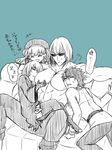  2girls breast_pillow cloak couch fate/apocrypha fate/extra fate/grand_order fate_(series) fujimaru_ritsuka_(male) jack_the_ripper_(fate/apocrypha) monochrome multiple_boys multiple_girls muscle nursery_rhyme_(fate/extra) sakata_kintoki_(fate/grand_order) sleeping sunglasses translated yuko_(taxidermy) zzz 