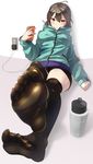  bike_shorts black_legwear brown_eyes brown_hair cellphone charger charging feet hood hood_down hooded_jacket jacket kazo long_hair long_sleeves looking_at_viewer lying no_shoes on_back original outstretched_foot phone shiny shiny_clothes soles solo thighhighs thighs toes 