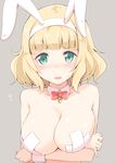 animal_ears bandaid bandaids_on_nipples blonde_hair blush bow bowtie breast_hold breasts bunny_ears crossed_arms detached_collar green_eyes hairband kichihachi large_breasts looking_at_viewer open_mouth pasties saionji_usagi short_hair simple_background solo taimadou_gakuen_35_shiken_shoutai 