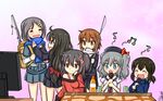  =_= backpack bag bare_shoulders beamed_eighth_notes black_hair blue_eyes blush brown_eyes brown_hair casual cigarette eighth_note fishing_rod fubuki_(kantai_collection) guin_guin hatsushimo_(kantai_collection) kantai_collection karaoke kashima_(kantai_collection) kotatsu kuroshio_(kantai_collection) long_hair low-tied_long_hair multiple_girls music musical_note scarf sendai_(kantai_collection) short_hair silver_hair singing skirt table television wakaba_(kantai_collection) 