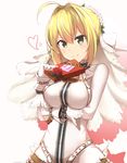  ahoge belt blonde_hair breasts chain fate/extra fate/extra_ccc fate_(series) flower green_eyes heart large_breasts lock moninora nero_claudius_(bride)_(fate) nero_claudius_(fate)_(all) padlock solo valentine veil 