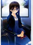  blue_eyes book brown_hair glasses hands_together highres long_hair looking_at_viewer nakamura_takeshi original sitting solo wheelchair 