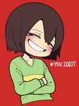  blush brown_hair chara_(undertale) crossed_arms english grin half-closed_eyes long_sleeves looking_at_viewer noho red_background red_eyes shirt simple_background smile smug solo spoilers striped striped_shirt teeth undertale upper_body 