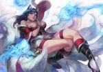  ahri animal_ears aoin bare_shoulders black_hair blue_eyes bracelet breasts commentary facial_mark finger_to_mouth fox_ears fox_tail highres jewelry korean_clothes large_breasts league_of_legends legs long_hair multiple_tails solo tail thighs 