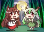  animal_ears bamboo bamboo_forest blush breasts brooch brown_hair chibi collarbone dress ex-keine fang feiton forest full_moon green_hair growling hat horn_ribbon horns howling imaizumi_kagerou jewelry kamishirasawa_keine long_hair long_sleeves looking_at_viewer medium_breasts moon multiple_girls nature off_shoulder open_mouth paw_pose red_eyes ribbon suspenders tail touhou translated wide_sleeves wolf_ears wolf_tail 