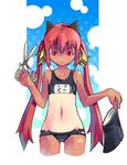  :o adapted_costume animal_ears bikini cat_ears cowboy_shot hair_ribbon kooh long_hair looking_down nontraditional_school_swimsuit pangya pori_(poritan81) red_eyes red_hair ribbon school_swimsuit scissors solo swimsuit tan tanline twintails very_long_hair 