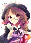  bow brown_eyes brown_hair cape clothes_writing glasses hat hat_bow highres long_sleeves low_twintails plaid red-framed_eyewear school_uniform shirt short_hair skirt smile solo touhou twintails usami_sumireko uta_(kuroneko) zener_card 
