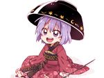  barefoot blush bowl holding_needle japanese_clothes kimono needle open_mouth purple_eyes purple_hair simple_background six_(fnrptal1010) solo sukuna_shinmyoumaru touhou white_background 