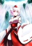  animal_ear_fluff animal_ears black_legwear breasts detached_sleeves hat highres inubashiri_momiji large_breasts long_sleeves naomi_(sekai_no_hate_no_kissaten) red_eyes rope sash short_hair side_slit solo standing tail thighhighs tokin_hat touhou tsurime water waterfall white_hair wide_sleeves wolf_ears wolf_tail 