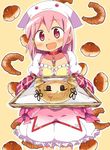  baking_sheet blush bread bubble_skirt commentary_request croissant drill_hair food gloves hat head_scarf kaname_madoka kanikama kyubey looking_at_viewer magical_girl mahou_shoujo_madoka_magica mittens objectification open_mouth oven_mitts pink_eyes pink_hair skirt smile solo tomoe_mami 