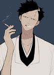  akon black_hair bleach blue_background cigarette horns male_focus open_mouth simple_background smoking solo ustaminuk yellow_eyes 