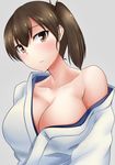  breasts brown_eyes brown_hair cleavage collarbone grey_background highres japanese_clothes kaga_(kantai_collection) kantai_collection kashiwamochi_(kashiwakashiwa) large_breasts looking_at_viewer off_shoulder side_ponytail simple_background solo upper_body 