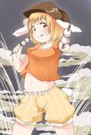  animal_ears blonde_hair blush bunny_ears bunny_tail commentary_request cowboy_shot dango floppy_ears food hat licking_lips looking_at_viewer midriff nanana_(chicken_union) navel orange_shirt red_eyes ringo_(touhou) shirt shorts solo striped striped_shorts tail tongue tongue_out touhou wagashi 
