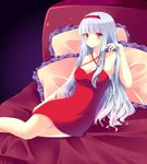 bad_id bad_pixiv_id bare_shoulders bed breasts cleavage cresc-dol frilled_pillow frills idolmaster idolmaster_(classic) long_hair medium_breasts pillow reclining red_eyes red_skirt shijou_takane silver_hair skirt solo 
