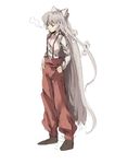  cigarette expressionless fujiwara_no_mokou hair_ribbon hands_on_hips long_hair mieharu pants ribbon sketch smoke smoking solo standing suspenders touhou very_long_hair 