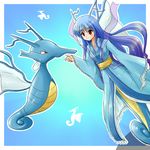  blue_hair costume dual_persona frilled_kimono frills gen_2_pokemon japanese_clothes kimono kingdra long_hair lowres mermaid moemon monster_girl personification pokemon pokemon_(creature) tenjou_ryuka underwater very_long_hair 