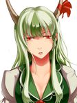  bad_id bad_pixiv_id bow breasts cleavage ex-keine green_hair hair_bow horns kamishirasawa_keine lips long_hair medium_breasts open_mouth red_eyes ribbon simple_background slit_pupils solo touhou uruo 