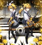  1girl amplifier aqua_eyes blonde_hair brother_and_sister guitar hair_ribbon instrument kagamine_len kagamine_rin legs ribbon ryou_(kimagure) school_uniform short_hair siblings speaker thighhighs twins vocaloid 