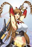  armpits blue_eyes blush breasts brown_hair darkmaya fang gauntlets gunlance huge_breasts long_hair midriff neige_hausen solo super_robot_wars super_robot_wars_og_saga_mugen_no_frontier super_robot_wars_og_saga_mugen_no_frontier_exceed weapon 