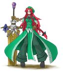  bad_id bad_pixiv_id braid china_dress chinese_clothes dress gourd green_eyes hand_on_hip hat highres hong_meiling huge_weapon ibuki_suika long_hair planted_sword planted_weapon red_hair solo sword touhou twin_braids weapon yoshida_hideyuki 