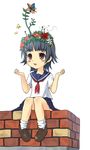  black_hair blush_stickers brick brown_eyes bug butterfly chimney flower flower_on_head fly hair_flower hair_ornament head_wreath highres insect rafflesia_(flower) sakugawa_school_uniform school_uniform serafuku short_hair simple_background skirt solo supertie to_aru_kagaku_no_railgun to_aru_majutsu_no_index uiharu_kazari white_background 