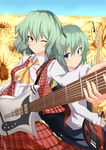  ;) ascot back-to-back bass_guitar blue_eyes field flower flower_field foreshortening green_hair guitar highres instrument kazami_yuuka kurifuto multiple_girls one_eye_closed plaid plaid_skirt plaid_vest red_eyes short_hair skirt skirt_set smile sunflower touhou vest wriggle_nightbug 