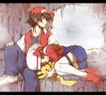  1girl baseball_cap black_hair brown_hair cabbie_hat cave closed_eyes couple gen_1_pokemon hat hat_ribbon hetero kotone_(pokemon) lap_pillow n_funiya overalls pikachu pixiv_red pokemon pokemon_(creature) pokemon_(game) pokemon_hgss pokemon_rgby red_(pokemon) red_(pokemon_rgby) red_ribbon ribbon shorts sleeping thighhighs 