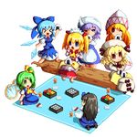  blonde_hair cirno daiyousei eating food kisasage_kouta letty_whiterock lily_white log luna_child multiple_girls obentou onigiri pixel_art star_sapphire sunny_milk touhou 