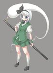  black_hairband blue_eyes chacha_(tyatya) ghost grey_background hairband katana konpaku_youmu konpaku_youmu_(ghost) short_hair silver_hair simple_background solo standing sword touhou weapon 