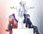  blue_hair cigarette commentary doctor_east half_updo len m.u.g.e.n melty_blood mosaic_background multiple_girls pointy_ears red_eyes red_len smoking thighhighs tsukihime white_hair white_len 