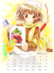  2009 brown_eyes brown_hair calendar_(medium) hair_ornament hidamari_sketch japanese_clothes scarf solo tamaki_(diarie_inaiinaibaa) ume-sensei x_hair_ornament yuno 