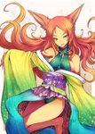  animal_ears bare_shoulders brown_hair fox_ears gradient green_eyes green_kimono green_leotard grin hair_ornament japanese_clothes kara_(color) kimono legs leotard multicolored multicolored_clothes multicolored_kimono original polka_dot polka_dot_kimono smile solo strap_slip yellow_kimono yukata 