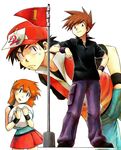  2boys artist_request blue_(pokemon) blue_(pokemon)_(cosplay) cosplay counting flag green_eyes hand_on_hip hat kasumi_(pokemon) multiple_boys ookido_shigeru orange_hair pokemon pokemon_(anime) pokemon_(game) pokemon_frlg satoshi_(pokemon) skirt wristband 