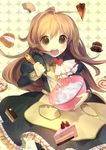  :o bad_id bad_pixiv_id batter bowl brown_eyes brown_hair cake cooking cream_puff doughnut dress food food_on_face fruit heart heart_background highres long_hair noco_(adamas) open_mouth original pastry solo strawberry thighhighs whisk 