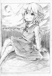 arm_support dress greyscale hair_ribbon kneehighs light_smile monochrome necktie ribbon rumia short_hair sitting sketch solo touhou vent_arbre 