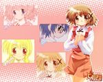  blonde_hair brown_eyes brown_hair hidamari_sketch hiro long_hair miyako multiple_girls pink_hair purple_eyes purple_hair red_eyes sae short_hair tamaki_(diarie_inaiinaibaa) wallpaper yellow_eyes yuno 