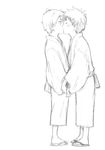  adashino-sensei closed_eyes ginko greyscale holding_hands japanese_clothes kiss male_focus monochrome multiple_boys mushishi sandals sketch yaoi younger 