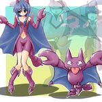  2girls bare_shoulders bat_wings bike_shorts blue_hair blush claws costume embarrassed gen_2_pokemon gligar hat lowres moemon multiple_girls nagai_(pokemon) navel personification pokemon pokemon_(creature) sentai spandex tail tenjou_ryuka wings yuuka_(pokemon) 